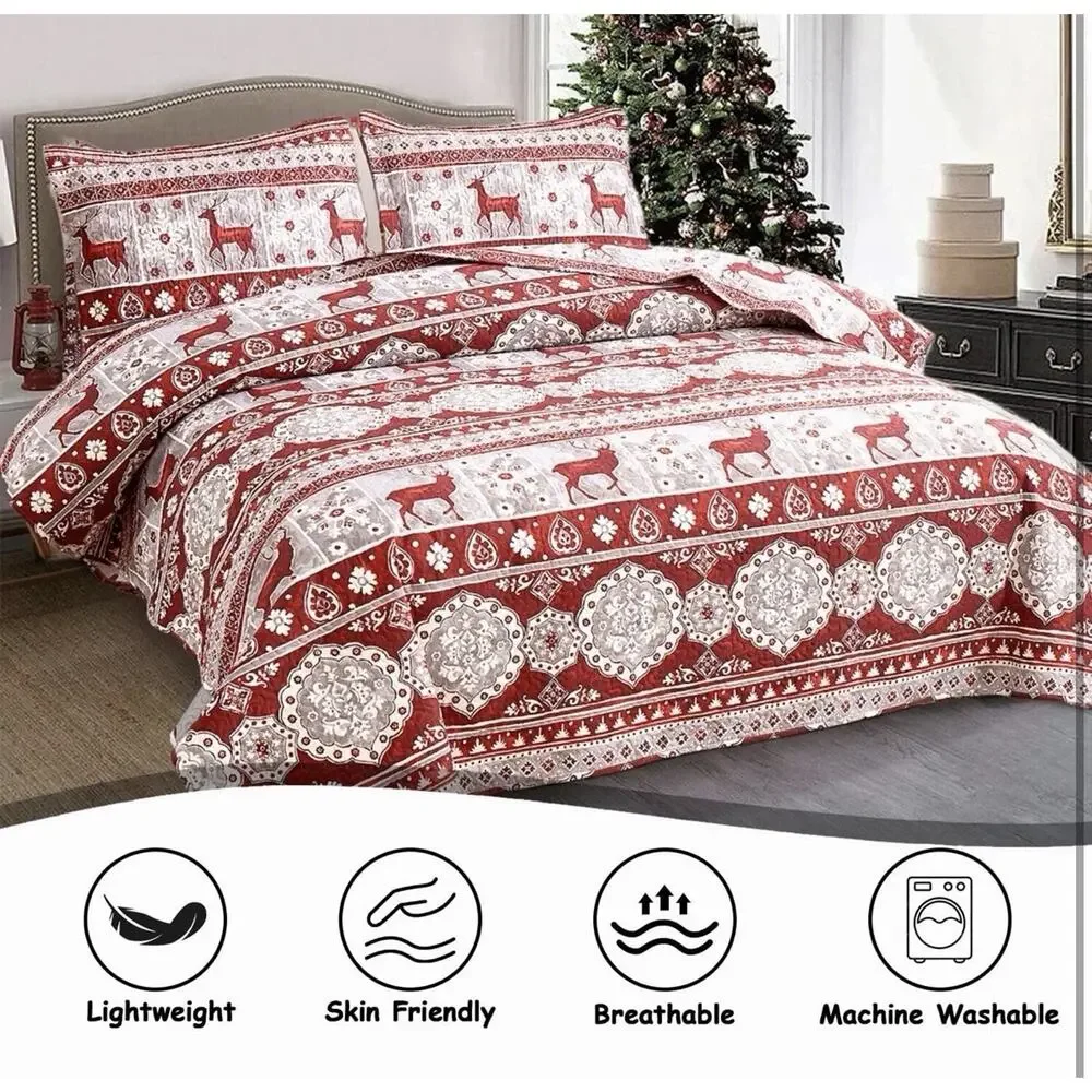 3 Pcs Red Gray Christmas Reindeer Bedding Quilt Set King